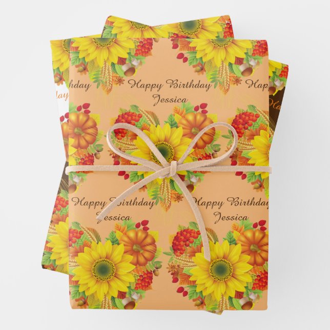 Personalize Name Autumn Fall Happy Birthday Wrapping Paper Sheet (In situ)