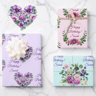 Personalize Name Birthday Flowers Pink Lavender 3 Wrapping Paper Sheet