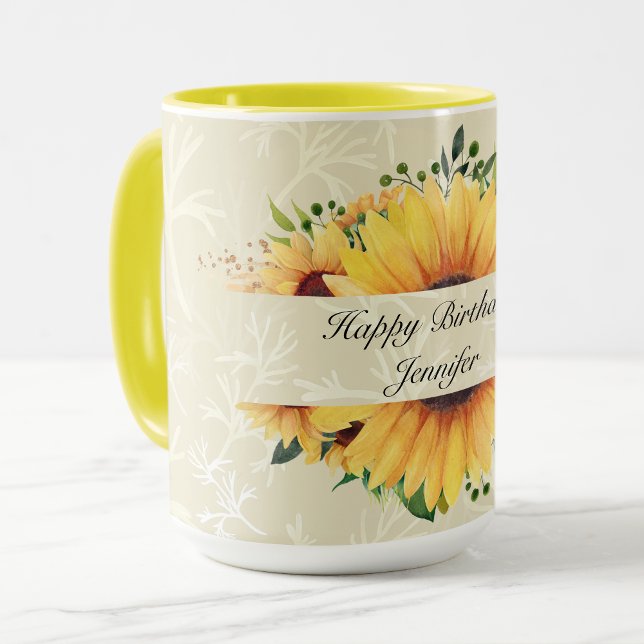 Personalize Name Birthday Wishes Sunflower Coffee Mug (Creator Uploaded)