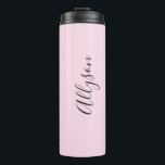 Personalize Name Black Script Vertical, Pale Pink Thermal Tumbler<br><div class="desc">Personalize your Name vertically In black Script Text on Pale Pink background. Click “Edit Using Design Tool” to change colours and type styles.</div>
