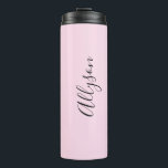 Personalize Name Black Script Vertical, Pale Pink Thermal Tumbler<br><div class="desc">Personalize your Name vertically In black Script Text on Pale Pink background. Click “Edit Using Design Tool” to change colours and type styles.</div>