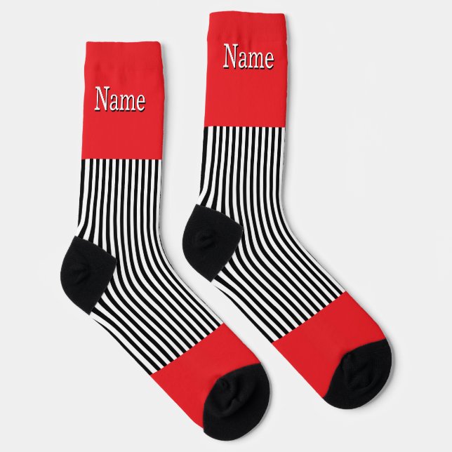 Personalize Name Black White Stripes Red Socks (Right)