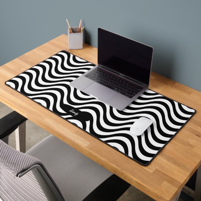 Personalize Name Black White Wavy Stripes Hypnotic Desk Mat (Office 2)