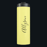 Personalize Name Blk. Script Vertical, Pale Yellow Thermal Tumbler<br><div class="desc">Personalize your Name vertically In Black Script Text on Pale Yellow background. Click “Edit Using Design Tool” to change colours and type styles.</div>