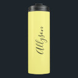 Personalize Name Blk. Script Vertical, Pale Yellow Thermal Tumbler<br><div class="desc">Personalize your Name vertically In Black Script Text on Pale Yellow background. Click “Edit Using Design Tool” to change colours and type styles.</div>