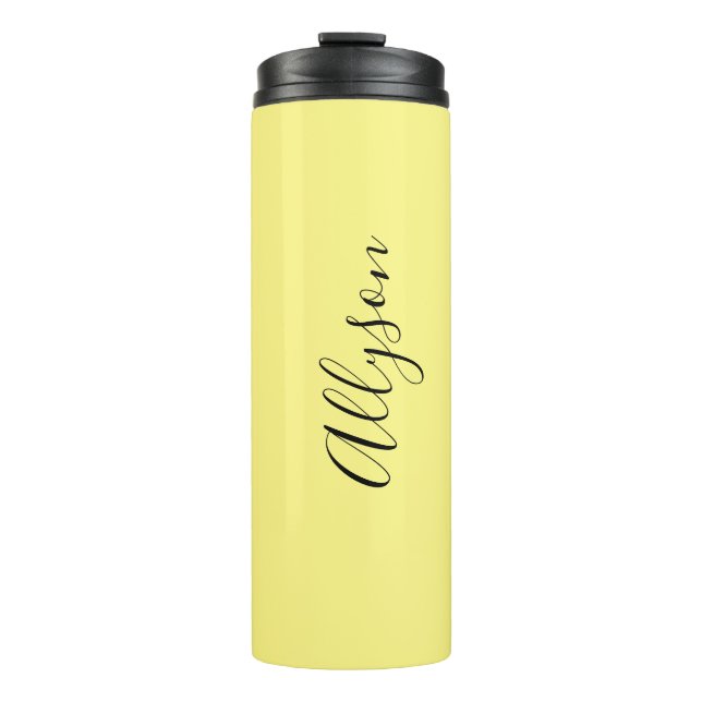 Personalize Name Blk. Script Vertical, Pale Yellow Thermal Tumbler (Front)