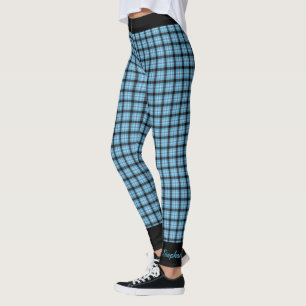 Personalize Name Blue Black Plaid, Black Trim Yoga Leggings