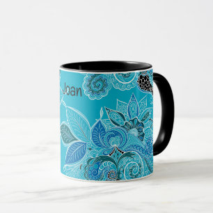 Personalize Name Blue Boho Paisley Black Inside Mu Mug