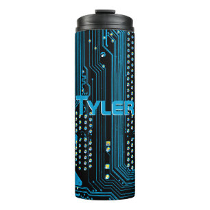Personalize Name, Blue Circuit Board, Black Thermal Tumbler