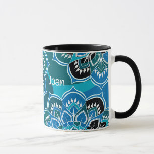 Personalize Name Blue Paisley Black Inside Mug