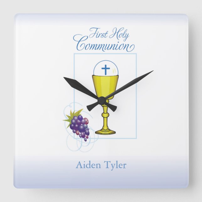Personalize Name Boy First Communion Chalice, Host Square Wall Clock (Front)