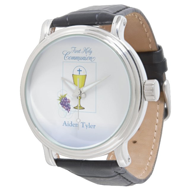 Personalize Name Boy First Communion Chalice, Host Watch (Angled)