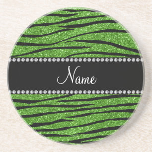 Personalize name bright green glitter zebra stripe coaster