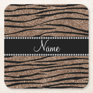 Personalize name brown glitter zebra stripes square paper coaster