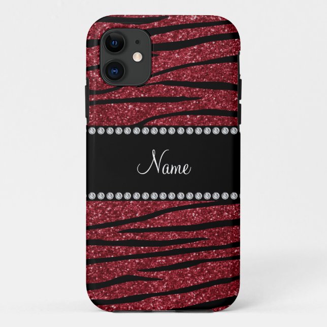 Personalize name burgundy glitter zebra stripes Case-Mate iPhone case (Back)