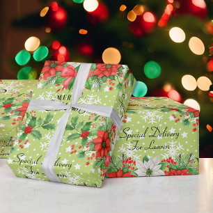 Personalize Name Christmas Poinsettia Snowflakes Wrapping Paper