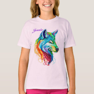 Personalize Name Colourful Wolf Girl's Cotton T-Sh T-Shirt