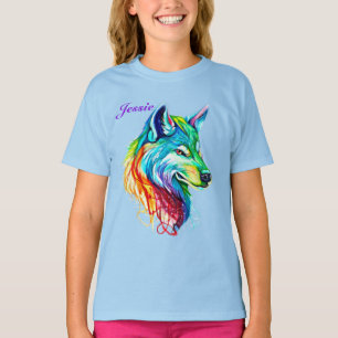 Personalize Name Colourful Wolf Girl's Cotton T-Shirt