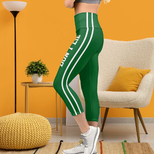 Personalize Name Custom White Forest Green Cat Mom Capri Leggings