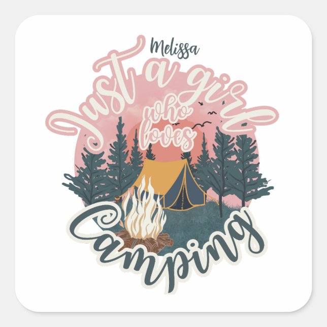 Personalize name cute aesthetic girl camping  square sticker (Front)