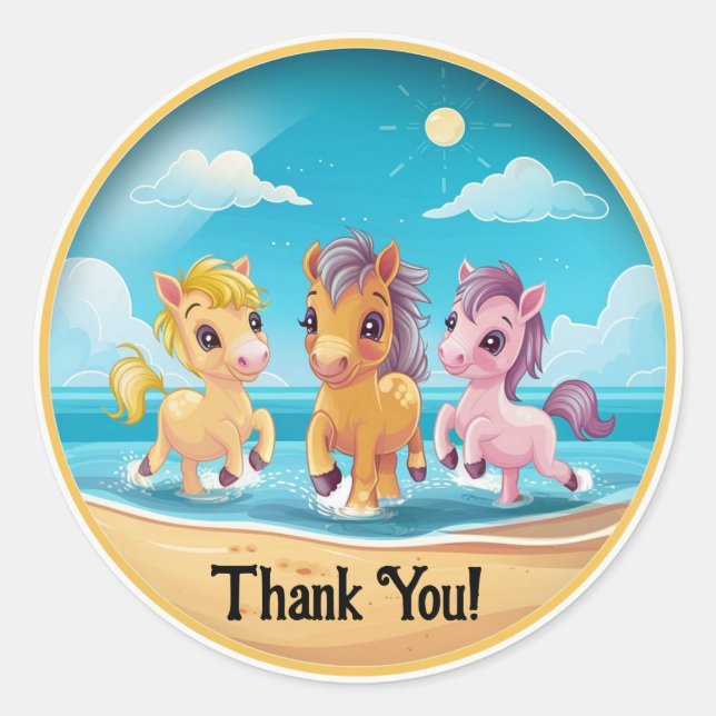 Personalize Name Cute Ponies on Beach Classic Round Sticker (Front)
