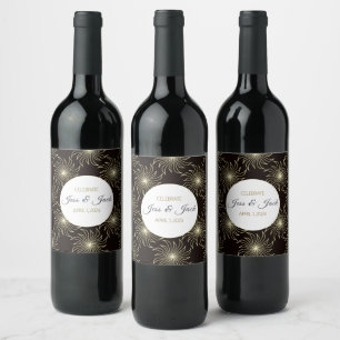Personalize Name/Date Black & Gold Spiral Sun Wine Label