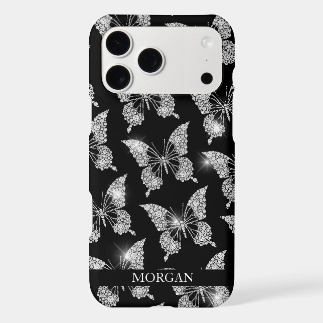 Personalize Name, Diamond Butterfly Pattern, Black (Back)