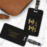 Personalize Name Elegant Mr & Mrs Black Stripes Luggage Tag<br><div class="desc">Elegant personalized luggage tag featuring the word "Mr and Mrs" in faux gold foil brush script against modern black stripes pattern background. It makes great gifts for newly weds or wedding anniversaries. If you wish to make your name stand out better against the dark background, change the font colour to...</div>