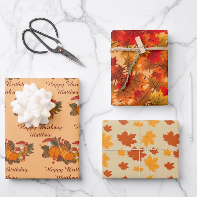 Personalize Name Fall Leaves Happy Birthday Wrapping Paper Sheet (Front)