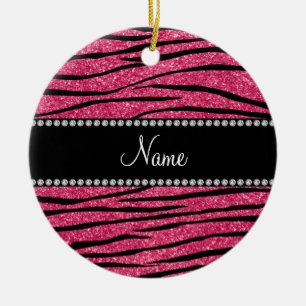 Personalize name fuchsia pink glitter zebra stripe ceramic ornament