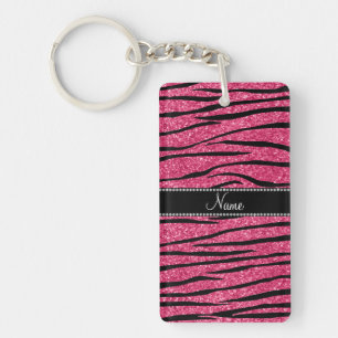 Personalize name fuchsia pink glitter zebra stripe keychain
