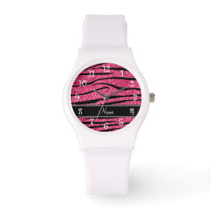 Personalize name fuchsia pink glitter zebra stripe watch
