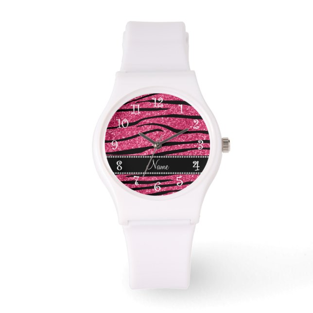 Personalize name fuchsia pink glitter zebra stripe watch (Front)