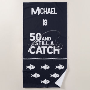  Personalize Name Funny Fishing 50th Birthday Gift Beach Towel