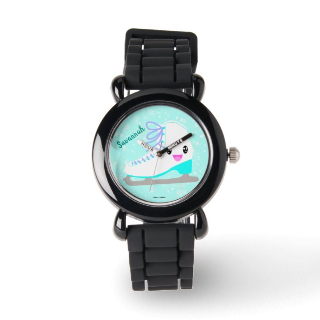 Personalize Name Girl's Blue Figure Skating Kawaii Watch (Front)