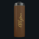 Personalize Name Gold Script Vertical, Chocolate Thermal Tumbler<br><div class="desc">Personalize your Name vertically In Gold Script Text on Chocolate background. Click “Edit Using Design Tool” to change colours and type styles.</div>