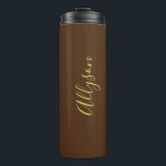 Personalize Name Gold Script Vertical, Chocolate Thermal Tumbler<br><div class="desc">Personalize your Name vertically In Gold Script Text on Chocolate background. Click “Edit Using Design Tool” to change colours and type styles.</div>