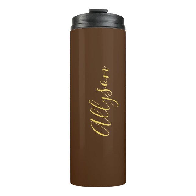 Personalize Name Gold Script Vertical, Chocolate Thermal Tumbler (Front)