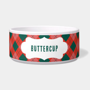 Personalize Name Green Red Plaid Food & Water Pet