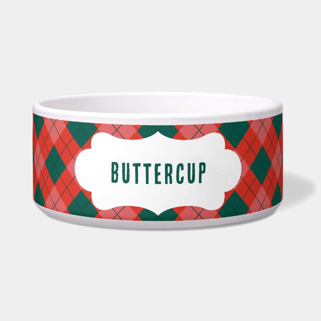 Personalize Name Green Red Plaid Food & Water Pet  (Front)