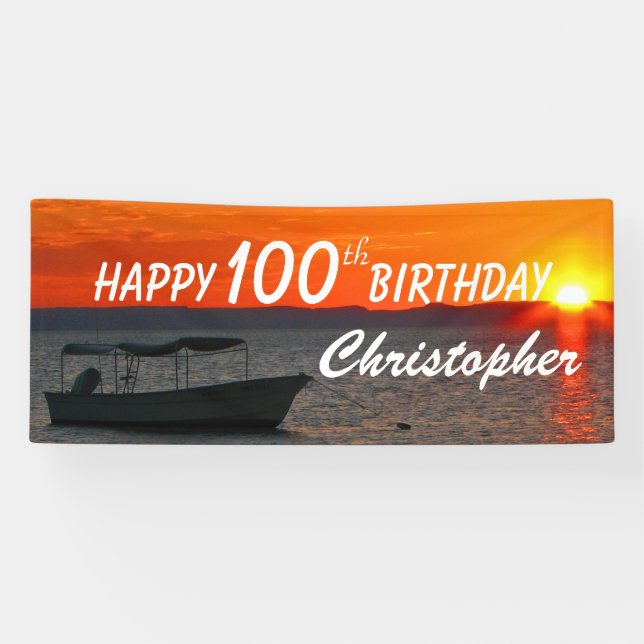 Personalize Name Happy 100th Birthday Fishing Boat Banner (Horizontal)