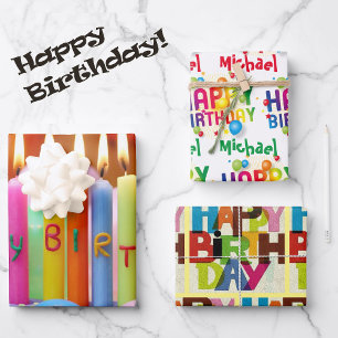 Personalize Name Happy Birthday Colourful 3 Gift  Wrapping Paper Sheet
