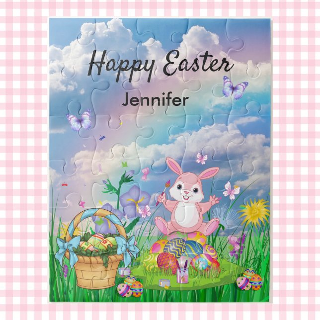 Personalize Name Happy Easter Bunny Jigsaw Puzzle (Creator Uploaded)