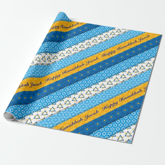 Personalize Name Happy Hanukkah Blue Gold Stars Wrapping Paper (Unrolled)