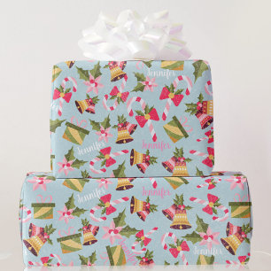 Personalize Name in Pink White Cute Christmas Gift Wrapping Paper