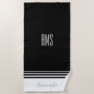 Personalize Name & Initials, Black and White Beach Towel