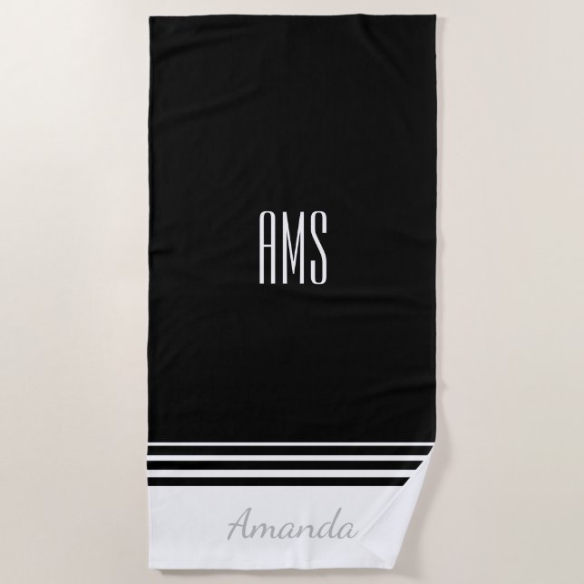 Personalize Name & Initials, Black and White Beach Towel (Front)