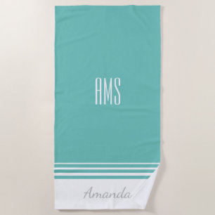 Personalize Name & Initials, Teal and White Beach Towel