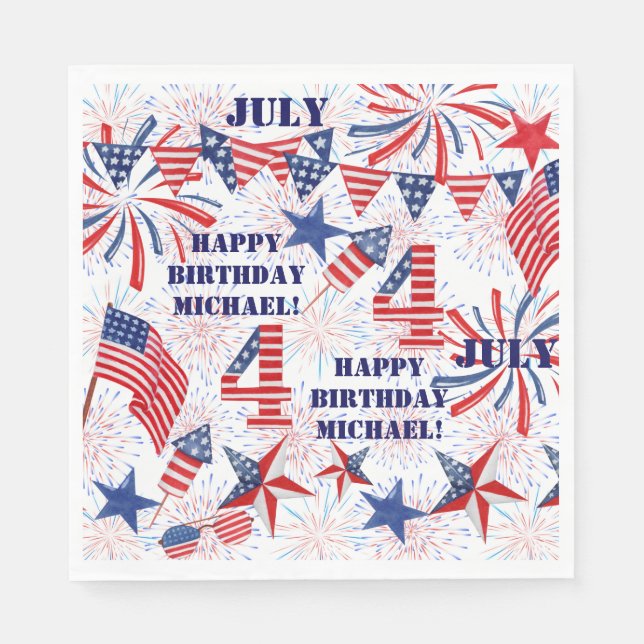 Personalize Name July Birthday Red White Blue Flag Napkin (Front)
