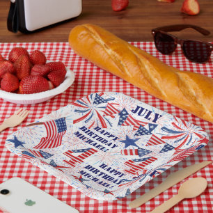 Personalize Name July Birthday Red White Blue Flag Paper Plate
